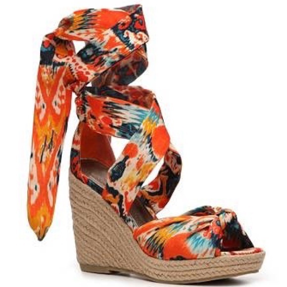 Impo Shoes - Impo Tipsy Tie Up Wedge Orange Ankle Strap Fabric Women Sandals, Size 9M